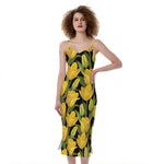Yellow Tulip Pattern Print Slim Fit Midi Cami Dress
