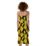 Yellow Tulip Pattern Print Slim Fit Midi Cami Dress