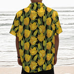 Yellow Tulip Pattern Print Textured Short Sleeve Shirt