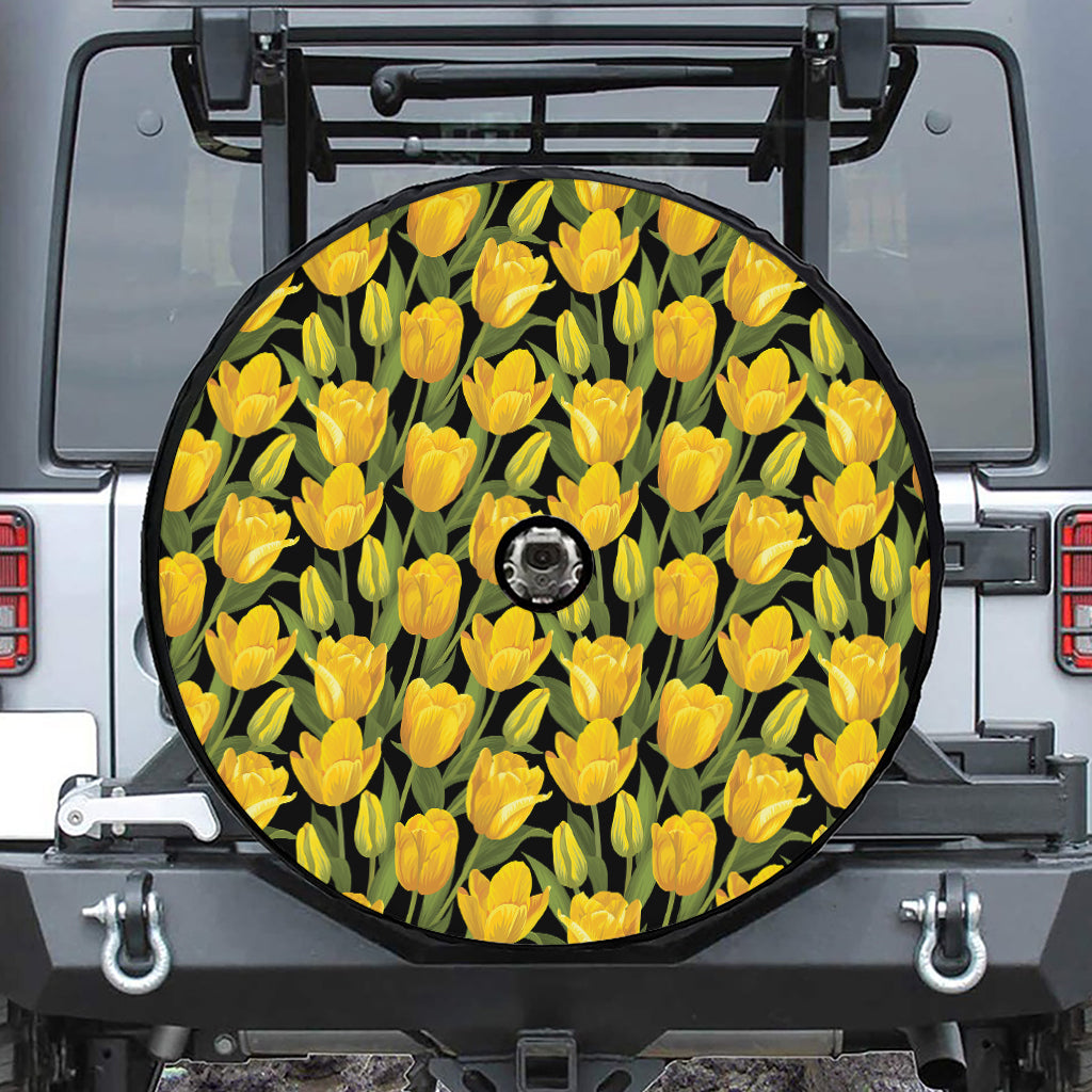 Yellow Tulip Pattern Print Tire Cover With Camera Hole