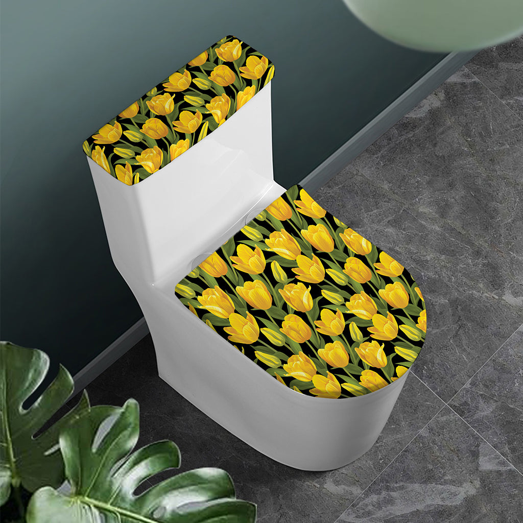 Yellow Tulip Pattern Print Toilet Lid And Tank Cover Set