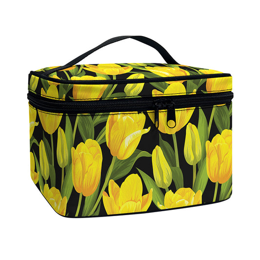 Yellow Tulip Pattern Print Travel Makeup Bag