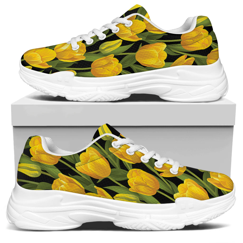 Yellow Tulip Pattern Print White Chunky Shoes