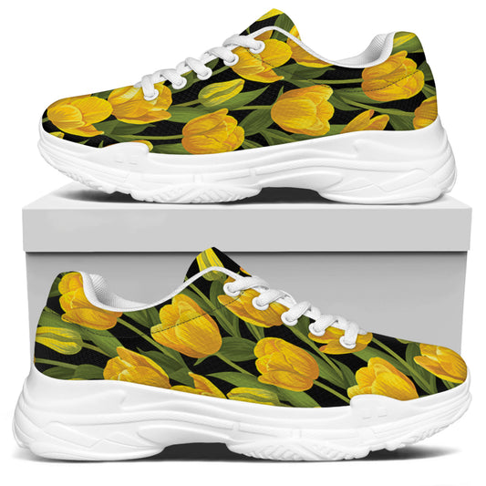 Yellow Tulip Pattern Print White Chunky Shoes