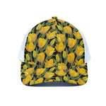 Yellow Tulip Pattern Print White Mesh Trucker Cap