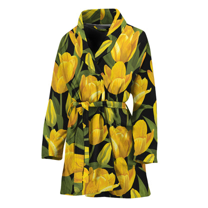 Yellow Tulip Pattern Print Women's Bathrobe