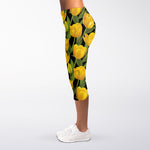 Yellow Tulip Pattern Print Women's Capri Leggings