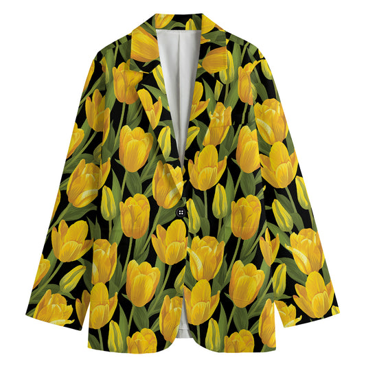 Yellow Tulip Pattern Print Women's Cotton Blazer