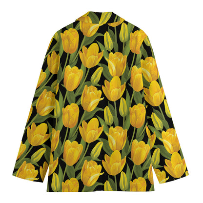 Yellow Tulip Pattern Print Women's Cotton Blazer