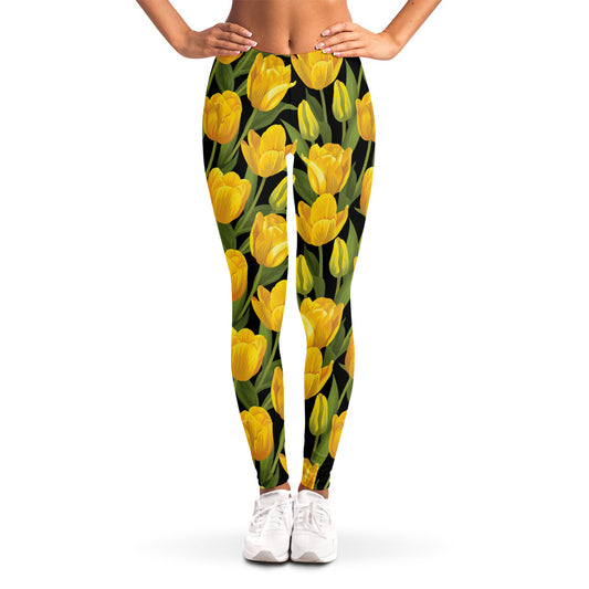 Yellow Tulip Pattern Print Women's Leggings