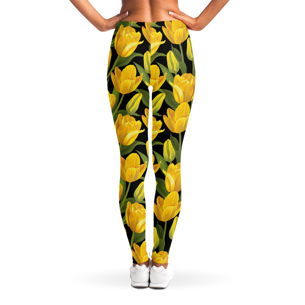 Yellow Tulip Pattern Print Women's Leggings