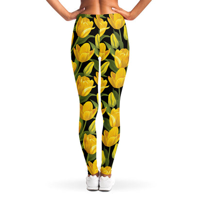 Yellow Tulip Pattern Print Women's Leggings