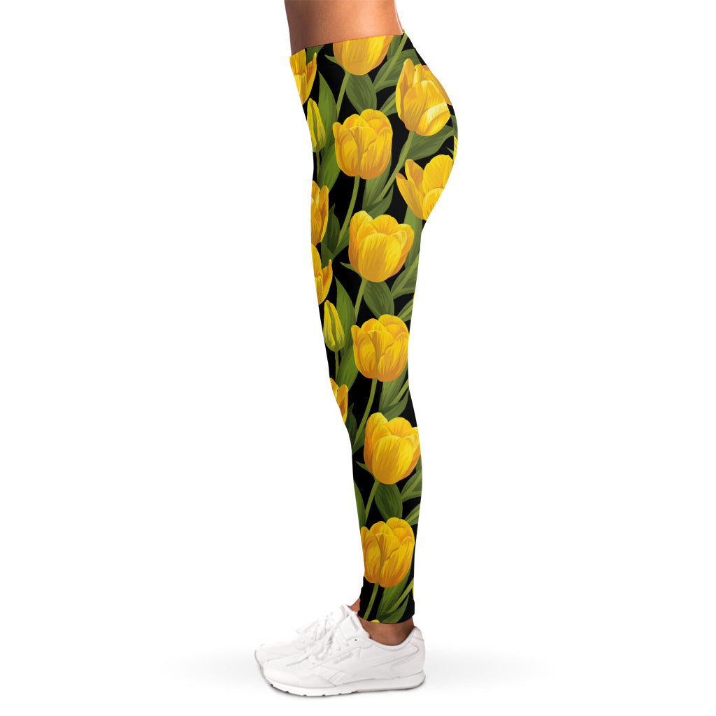 Yellow Tulip Pattern Print Women's Leggings