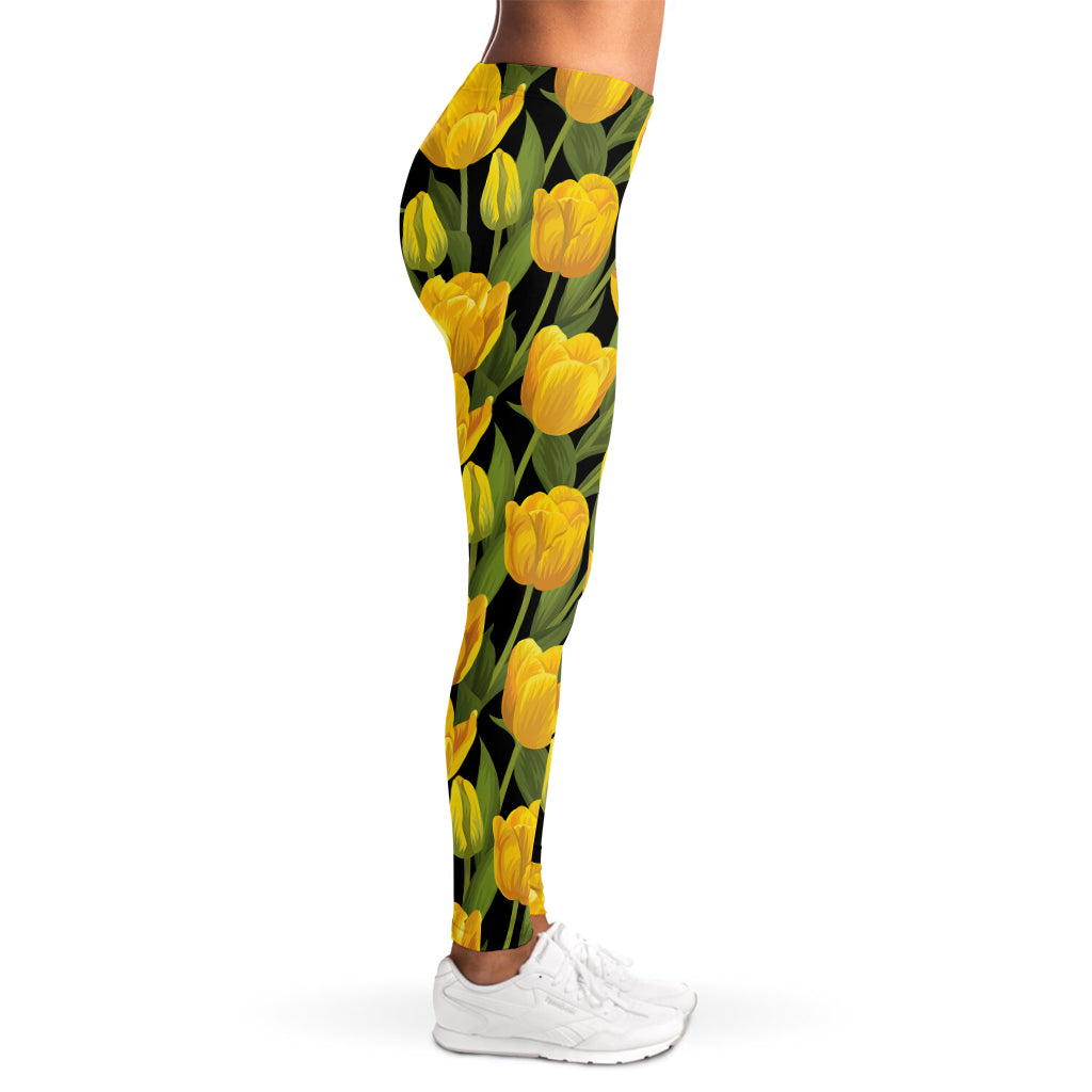 Yellow Tulip Pattern Print Women's Leggings