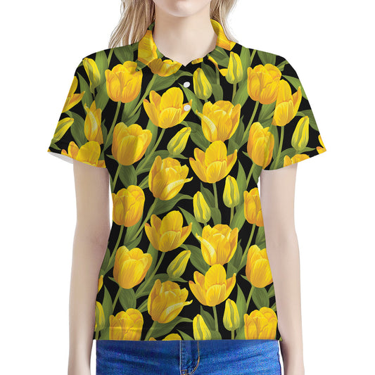 Yellow Tulip Pattern Print Women's Polo Shirt