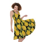 Yellow Tulip Pattern Print Women's Sleeveless Dress