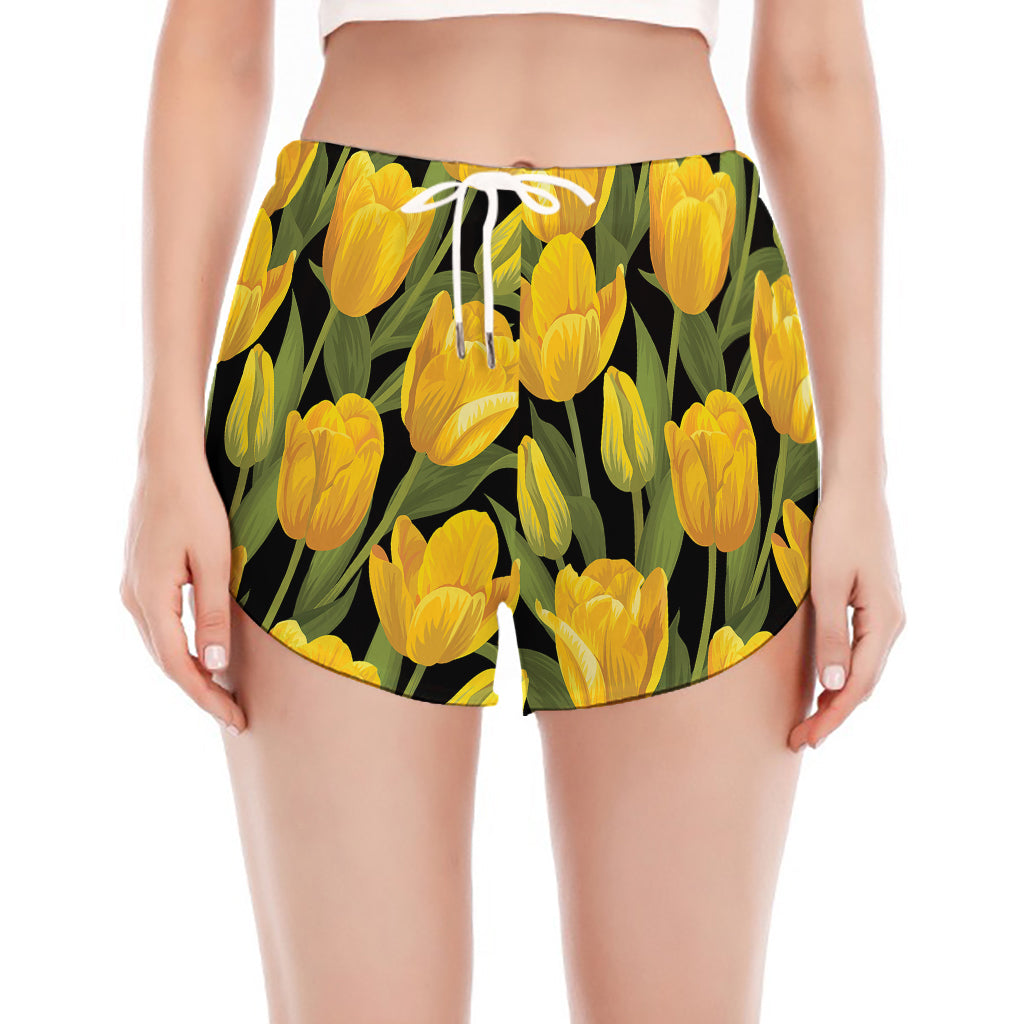 Yellow Tulip Pattern Print Women's Split Running Shorts