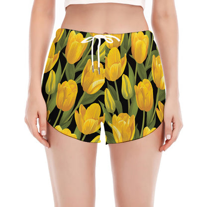 Yellow Tulip Pattern Print Women's Split Running Shorts