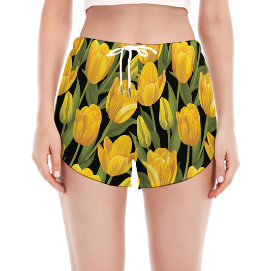 Yellow Tulip Pattern Print Women's Split Running Shorts