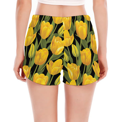 Yellow Tulip Pattern Print Women's Split Running Shorts