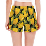 Yellow Tulip Pattern Print Women's Split Running Shorts