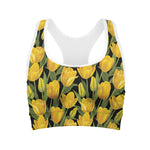 Yellow Tulip Pattern Print Women's Sports Bra