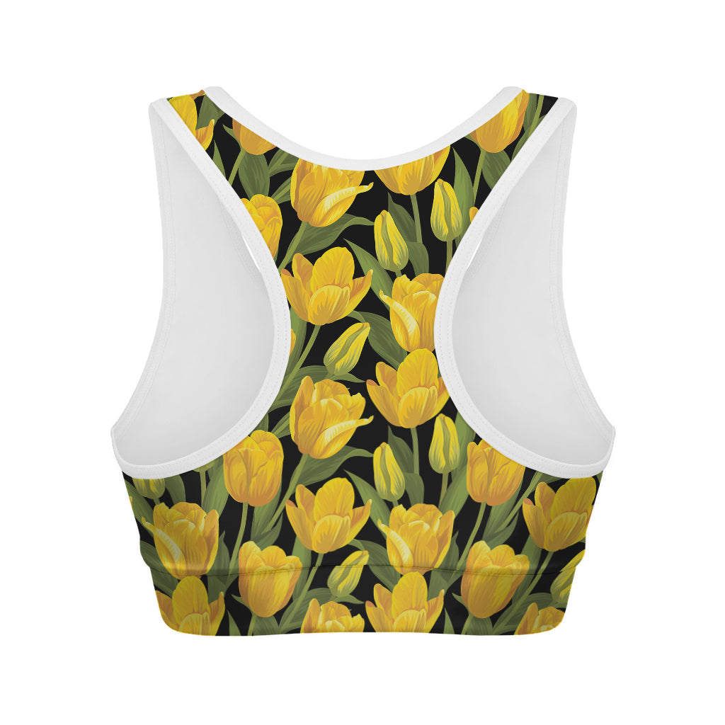 Yellow Tulip Pattern Print Women's Sports Bra