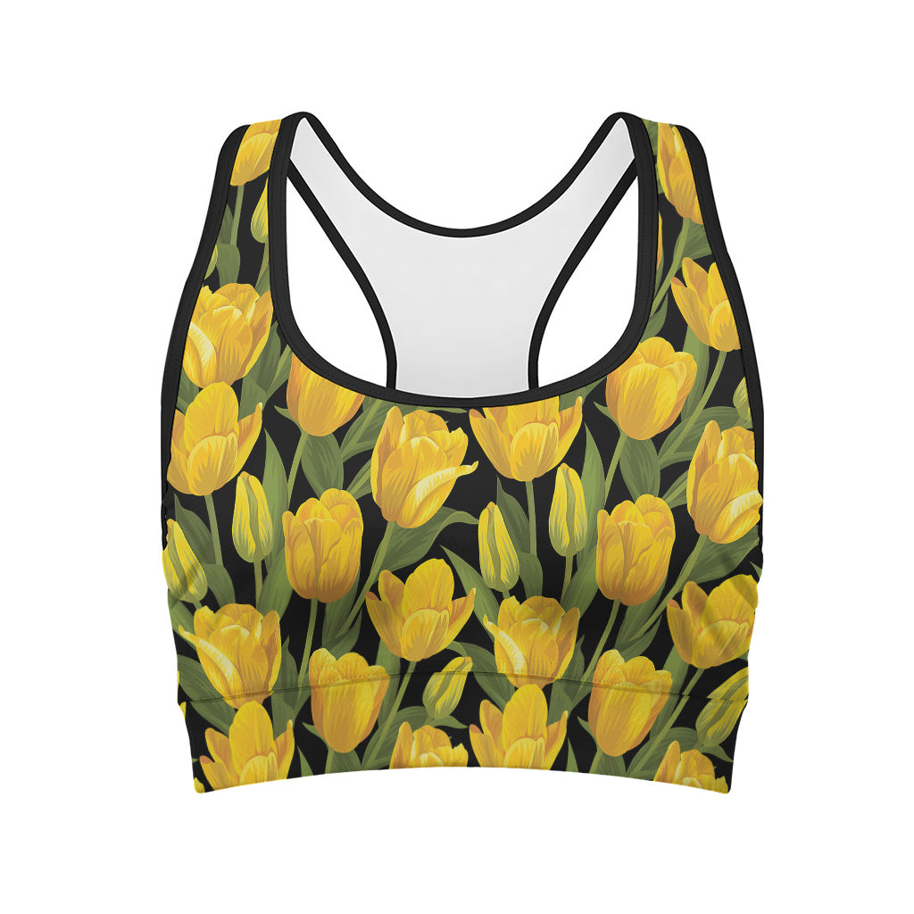 Yellow Tulip Pattern Print Women's Sports Bra