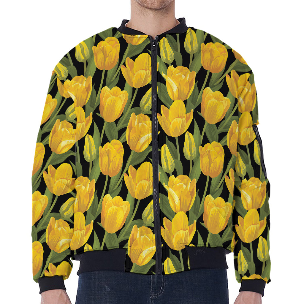 Yellow Tulip Pattern Print Zip Sleeve Bomber Jacket