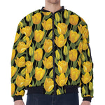 Yellow Tulip Pattern Print Zip Sleeve Bomber Jacket