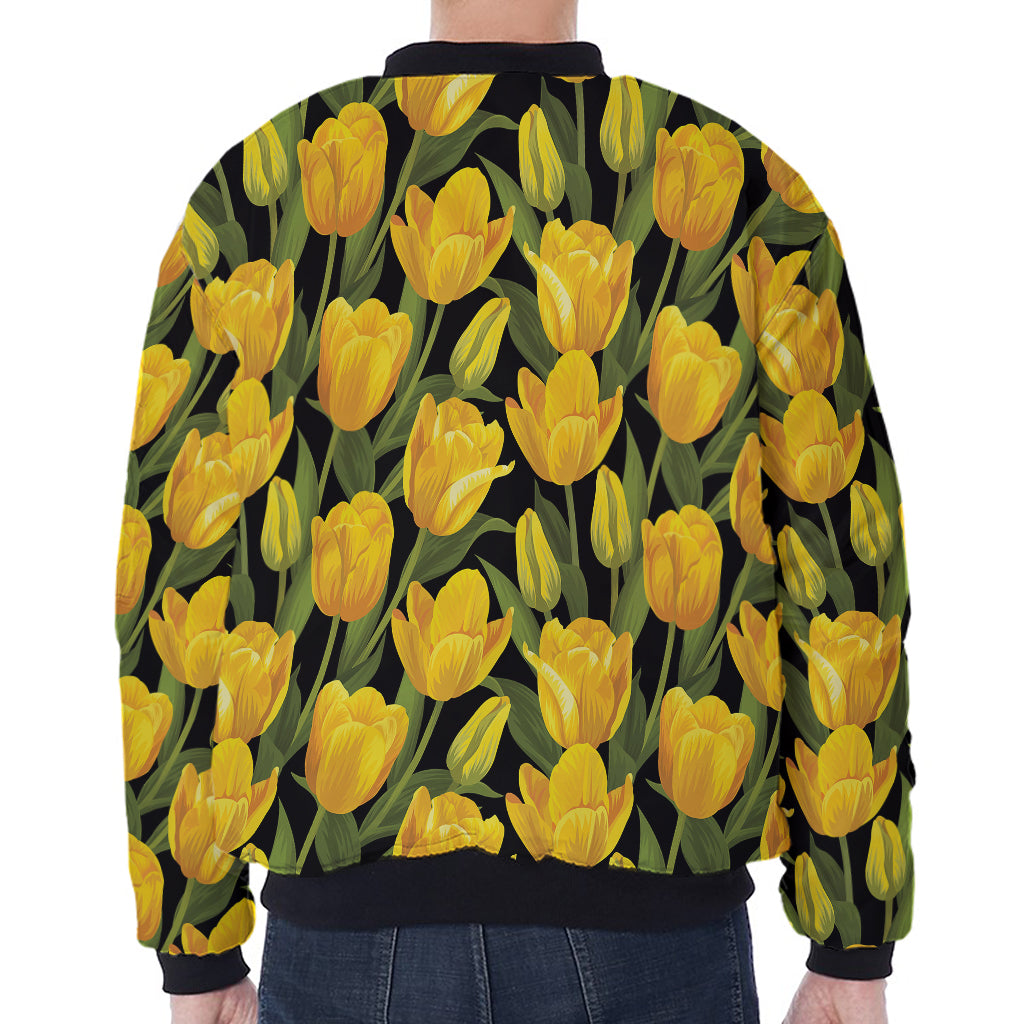 Yellow Tulip Pattern Print Zip Sleeve Bomber Jacket