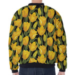 Yellow Tulip Pattern Print Zip Sleeve Bomber Jacket