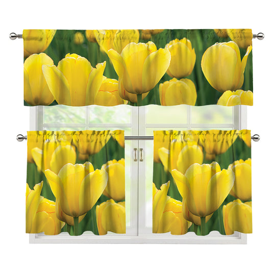 Yellow Tulip Print 3 Piece Kitchen Curtains