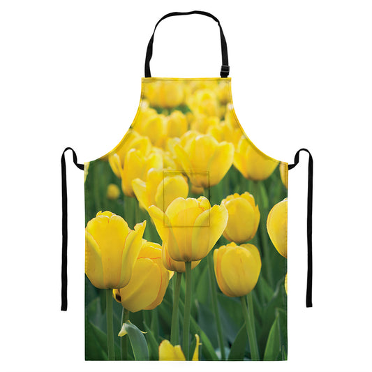 Yellow Tulip Print Bib Apron With Pocket