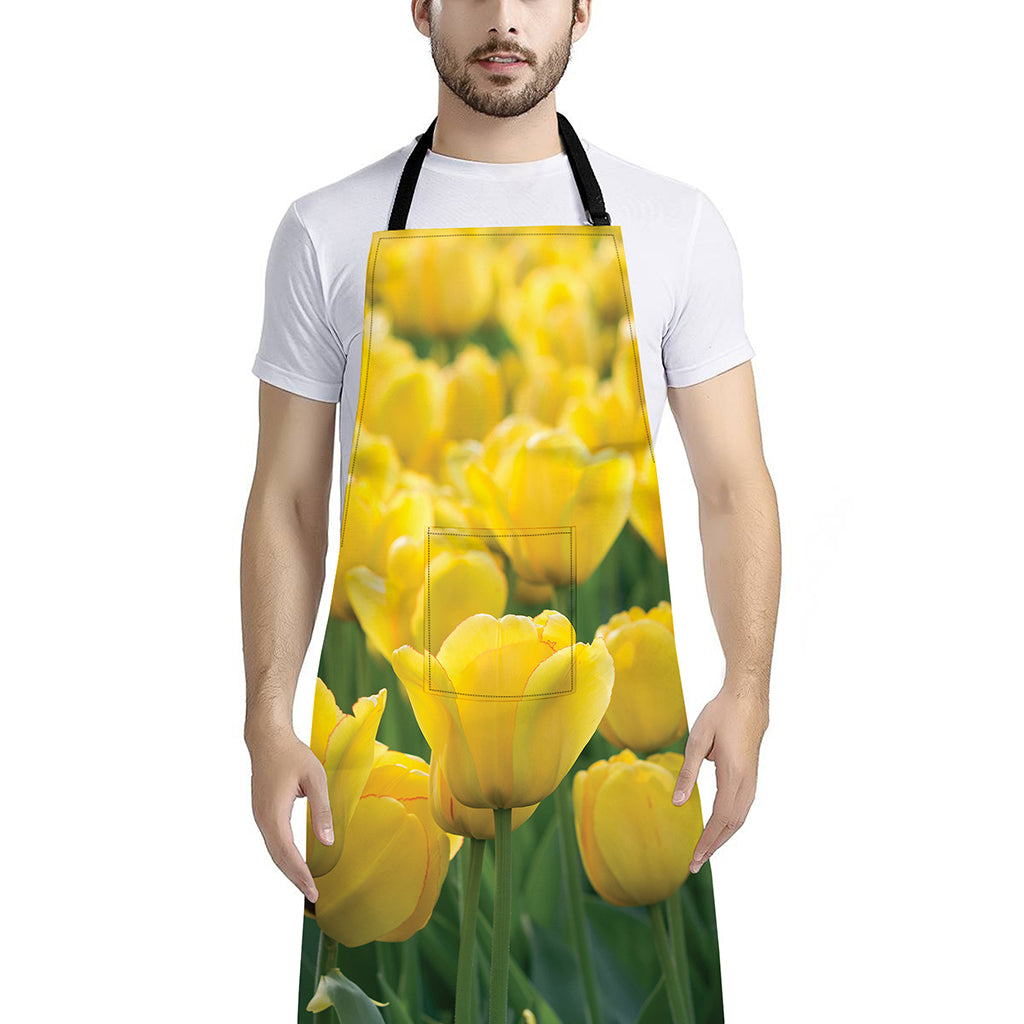 Yellow Tulip Print Bib Apron With Pocket