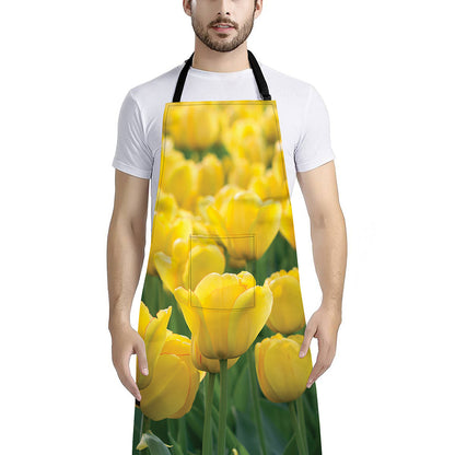 Yellow Tulip Print Bib Apron With Pocket