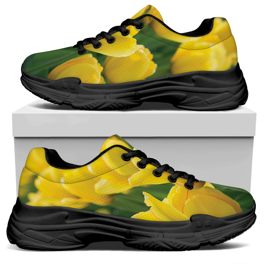 Yellow Tulip Print Black Chunky Shoes