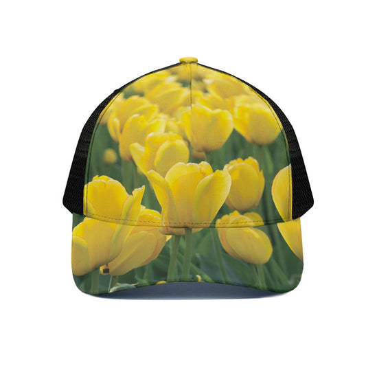 Yellow Tulip Print Black Mesh Trucker Cap