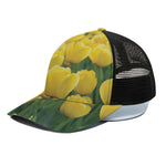Yellow Tulip Print Black Mesh Trucker Cap