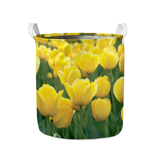 Yellow Tulip Print Collapsible Laundry Basket