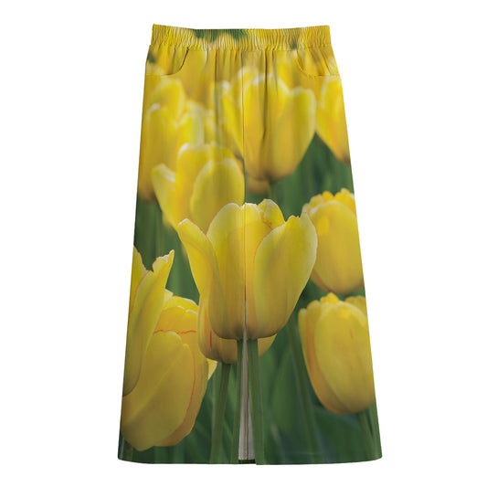Yellow Tulip Print Cotton Front Slit Maxi Skirt