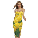 Yellow Tulip Print Cross Back Cami Dress
