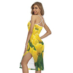 Yellow Tulip Print Cross Back Cami Dress