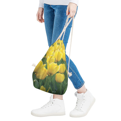 Yellow Tulip Print Drawstring Bag