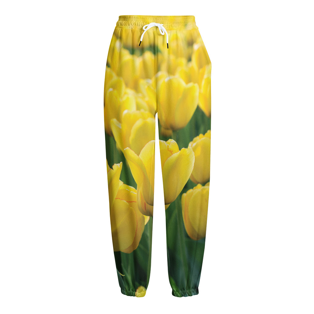 Yellow Tulip Print Fleece Lined Knit Pants