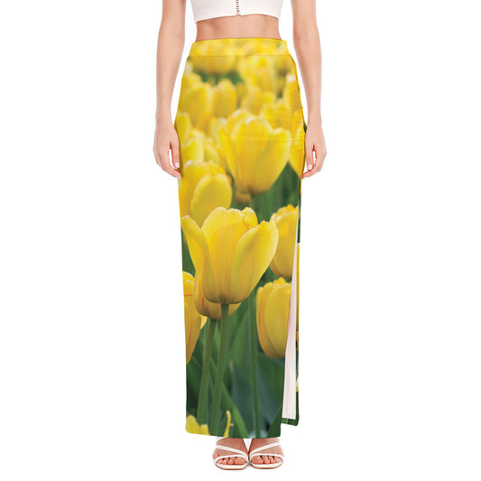 Yellow Tulip Print High Slit Maxi Skirt