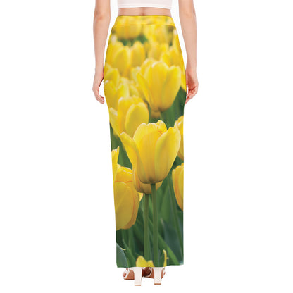 Yellow Tulip Print High Slit Maxi Skirt