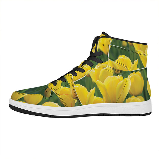 Yellow Tulip Print High Top Leather Sneakers
