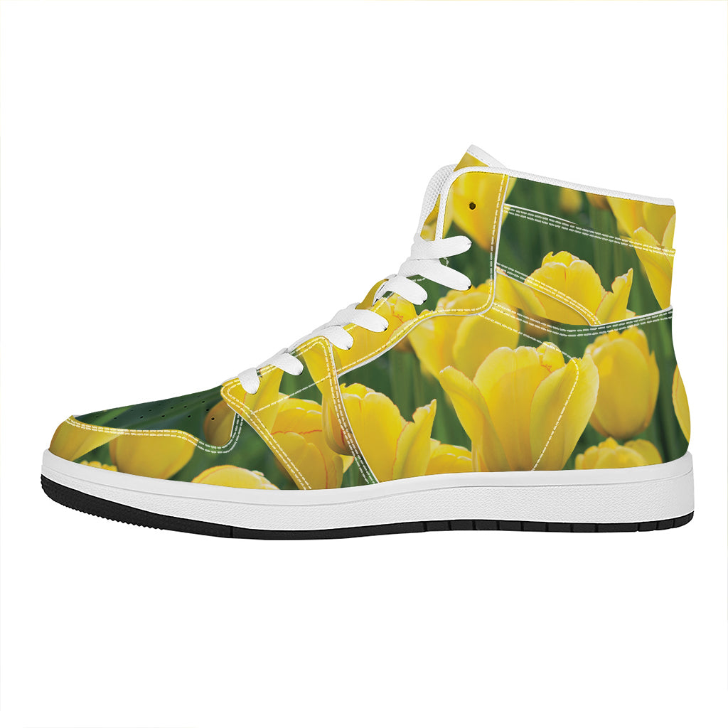 Yellow Tulip Print High Top Leather Sneakers