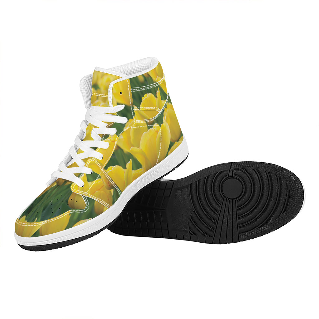 Yellow Tulip Print High Top Leather Sneakers